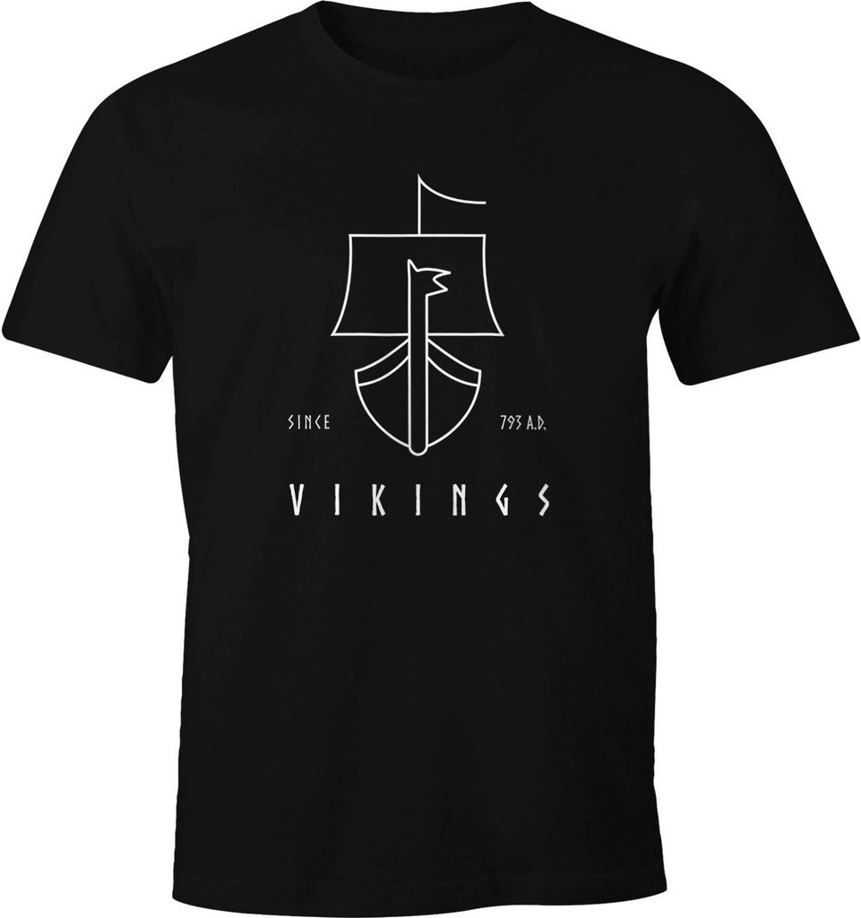 Herren T-Shirt Wikinger Schiff Vikings Lineart Slim Fit Neverless schwarz M