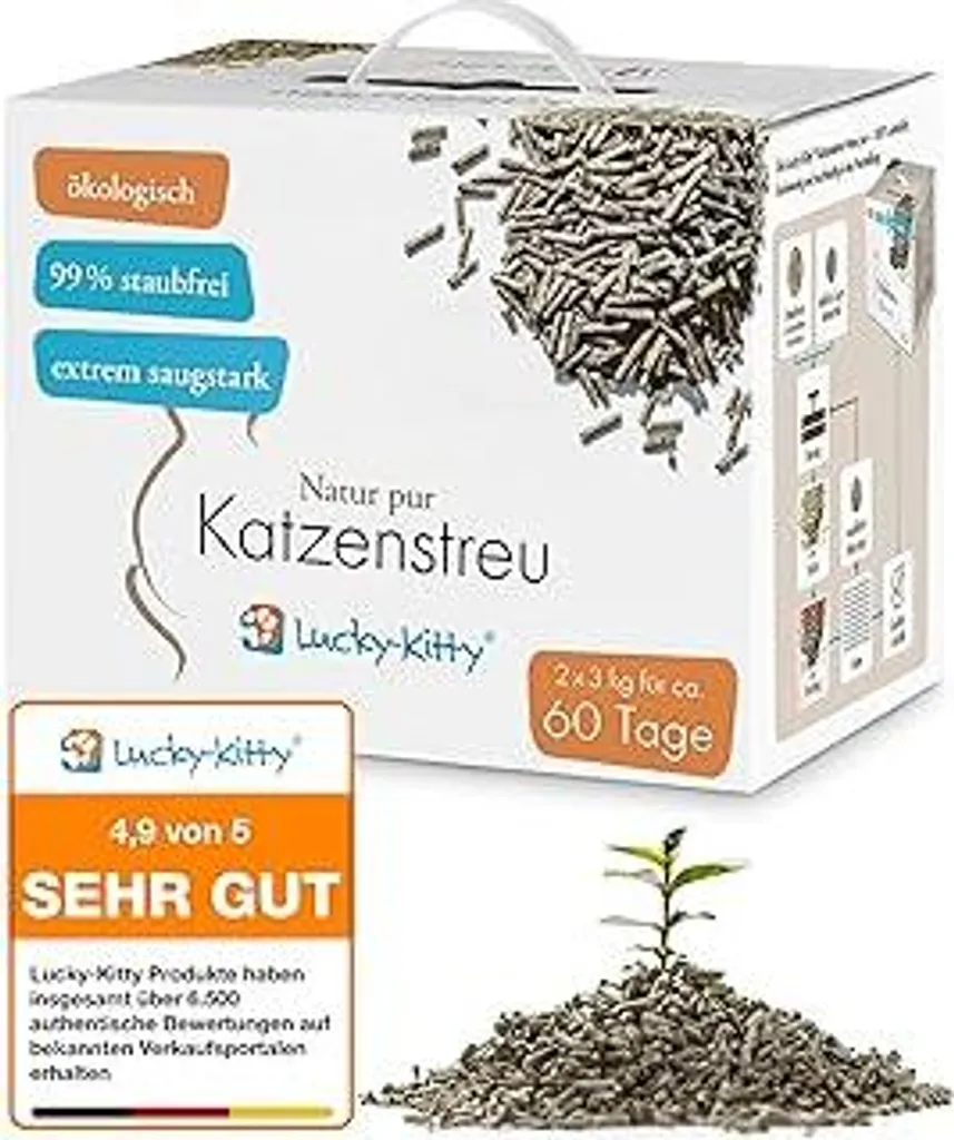 Lettiera Lucky-Kitty 6kg: 100% Vegetale, Senza Polvere e Biodegradabile