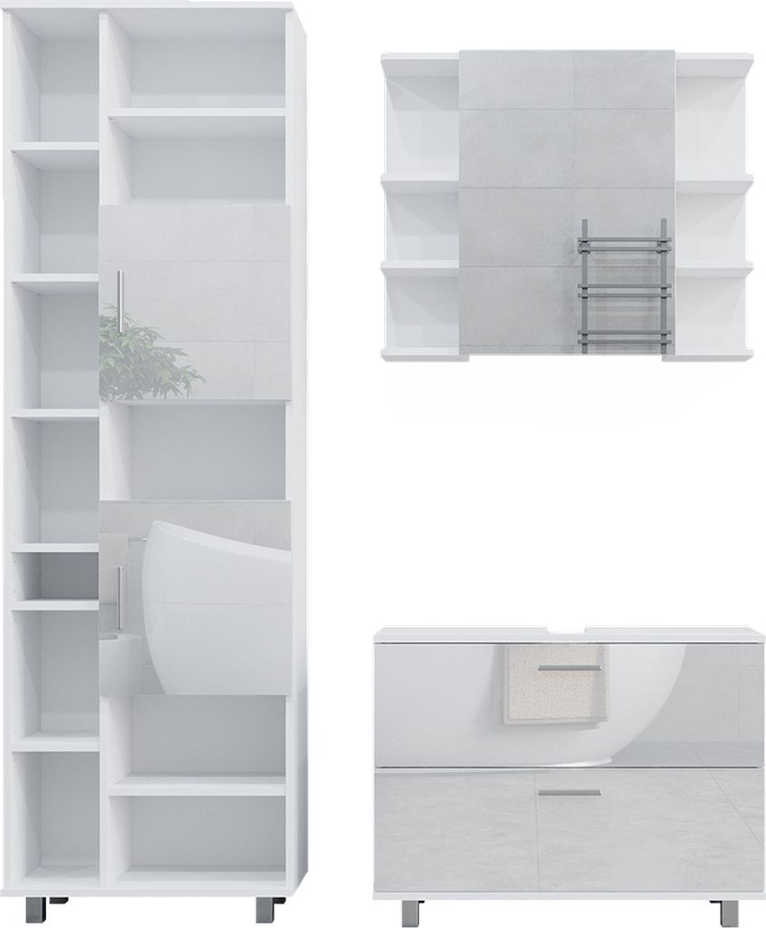 Badmöbel-Set Vicco Ilias Weiß Hochglanz 3 Teile, mit Hochschrank, Model 41535
