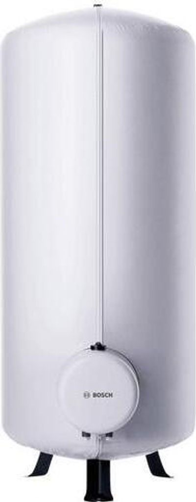 A white cylindrical water heater with black legs and a circular control panel with the Bosch logo.