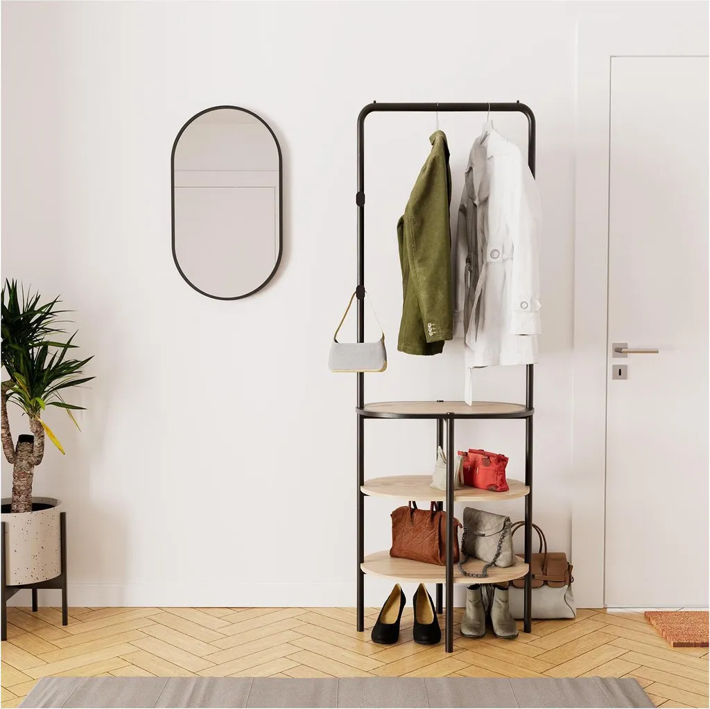 Ensemble meuble d'entrée avec portant rond bois métal et miroir ovale