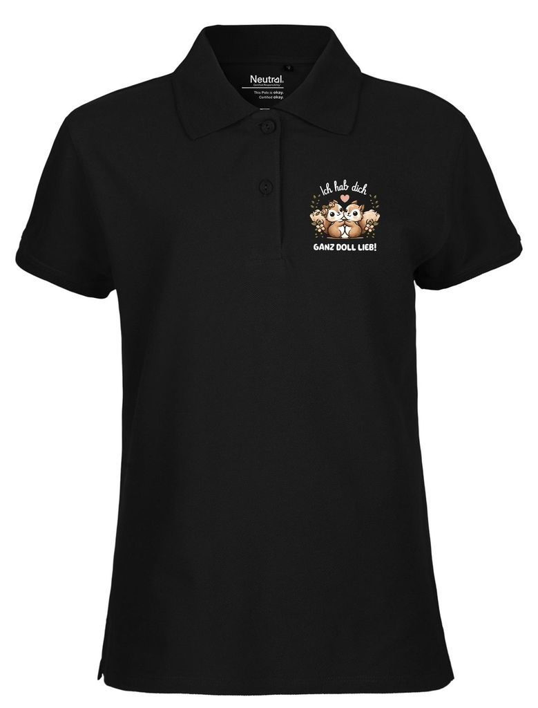 Huuraa Damen Polo Shirt Ich hab dich ganz doll lieb Einchhörnchen M Black Bio Baumwolle Fairtrade Poloshirt Geschenkidee