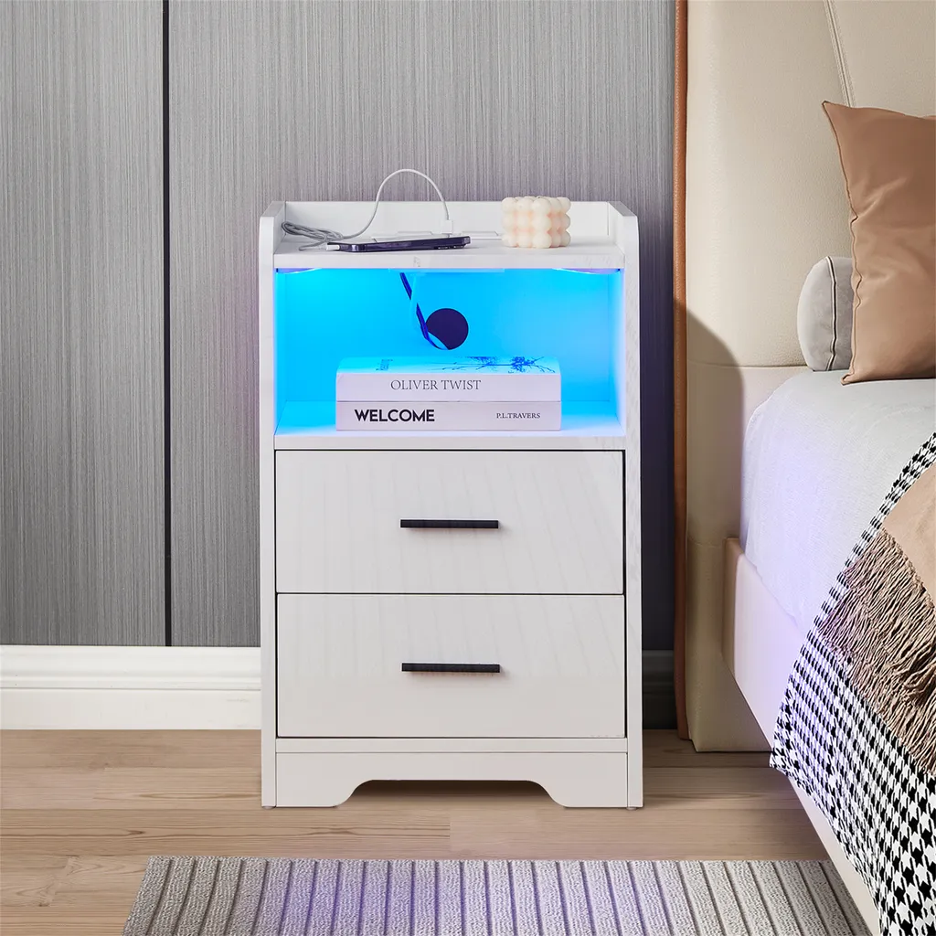 Table de nuit LED avec prise de recharge USB, meuble de chambre blanc