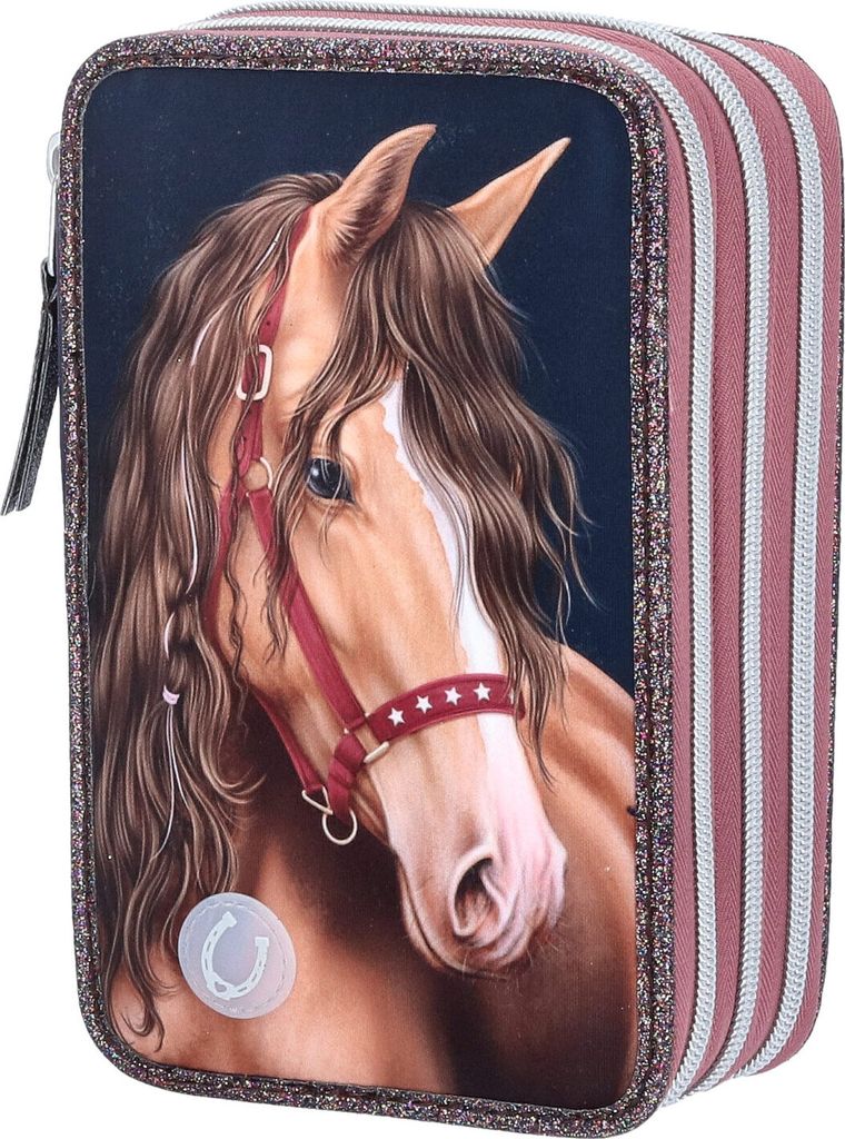 A close-up of a pencil case with a horse design.