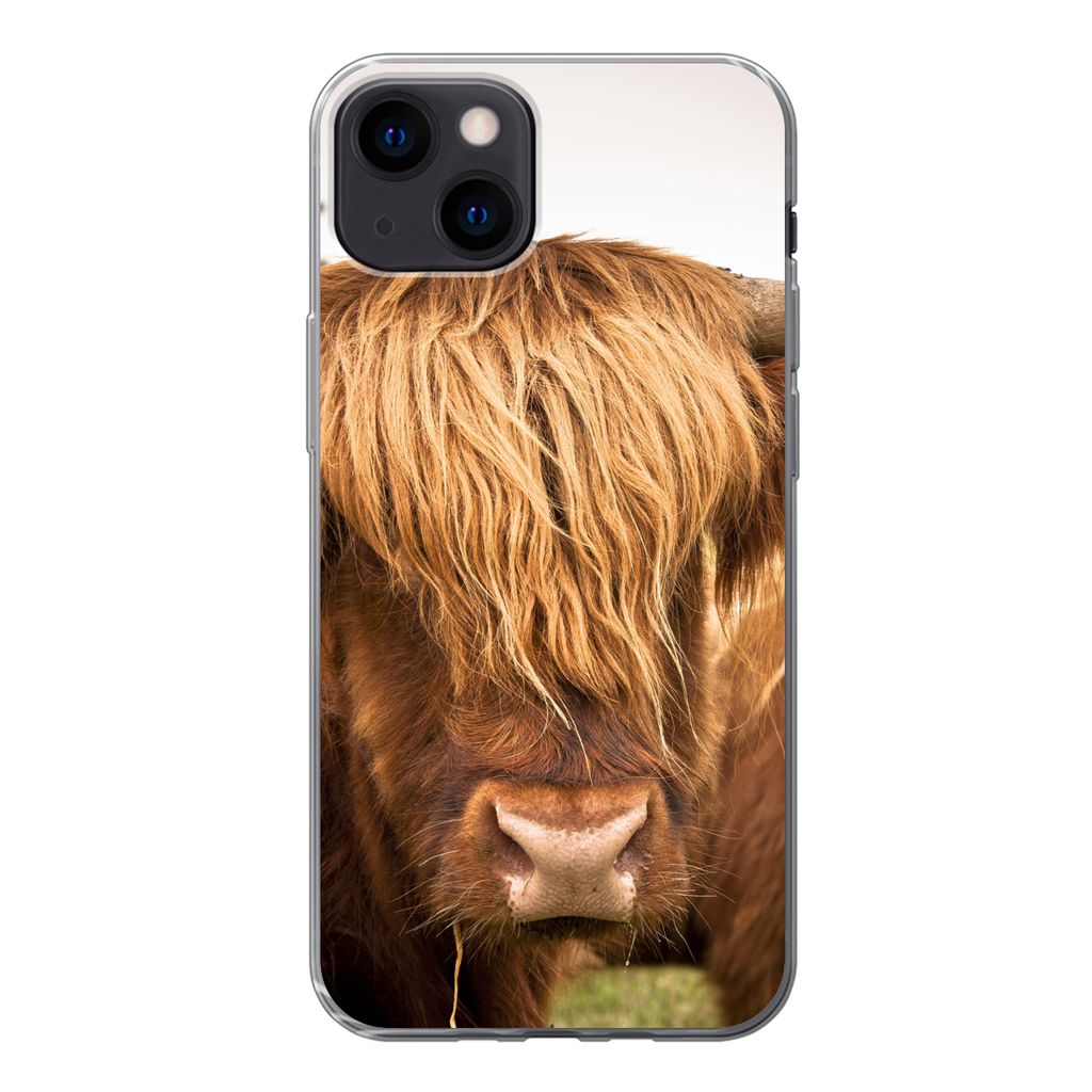 MuchoWow Handyhülle Schutzhülle Hülle für iPhone 13 Schottische Highlander - Braun - Gras Silikon Softcase Handy Hülle - Karteninhaber