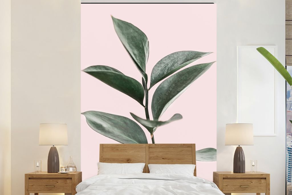 MuchoWow Fototapete für Wohnzimmer oder Schlafzimmer Wandtapete Vinyl Motivtapete Pflanzen - Grün - Natur - Rosa - 195x300 cm - Das Hintergrund...