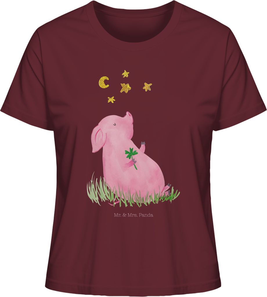 Mr. & Mrs. Panda Damen Oberteil Schwein Glück Größe XL - Burgundy - Geschenk, Ziele, Basic T-Shirt, Baumwoll, Motivation, Träume, Sterne, Lusti...