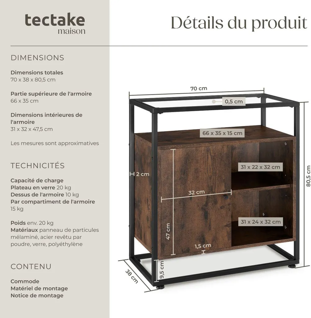Commode rustique en bois foncé 70cm - Design industriel et robuste - 6