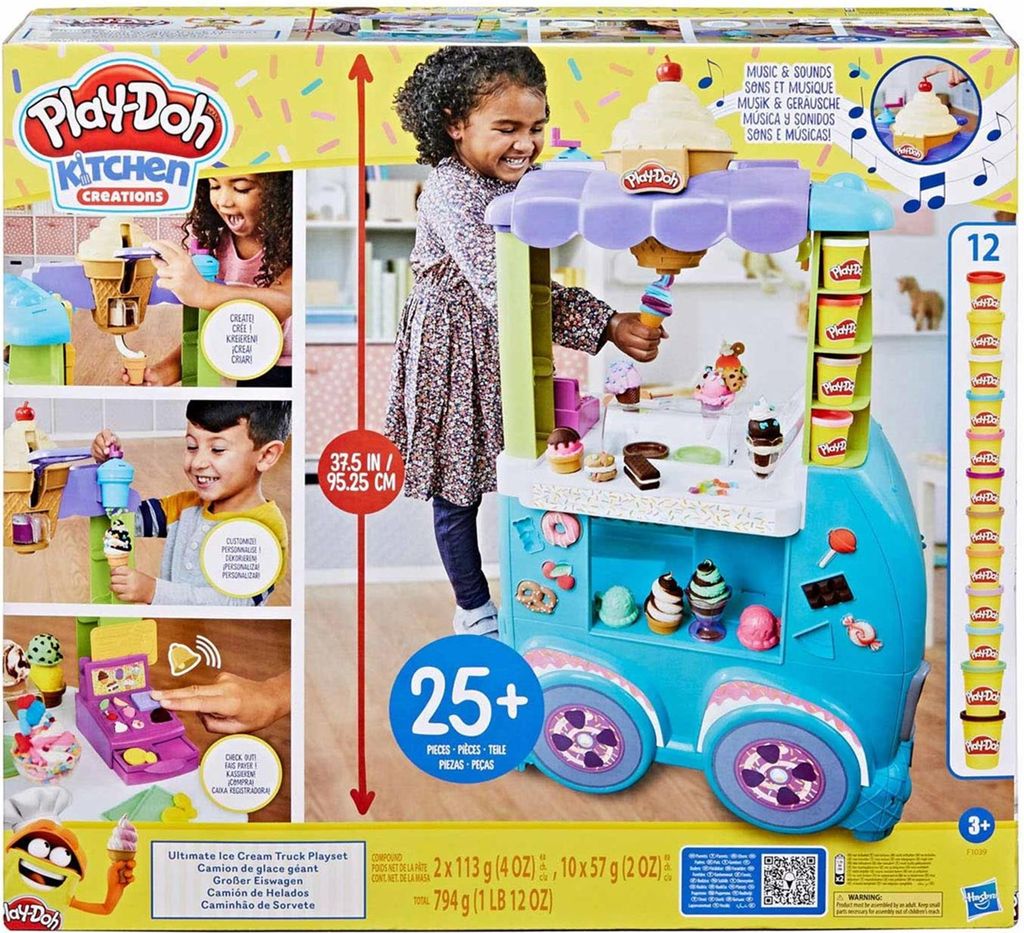 The image shows the packaging of a Play-Doh Kitchen Creations Ultimate Ice Cream Truck Playset. It features children playing with the toy, demonstrating its features and contents.