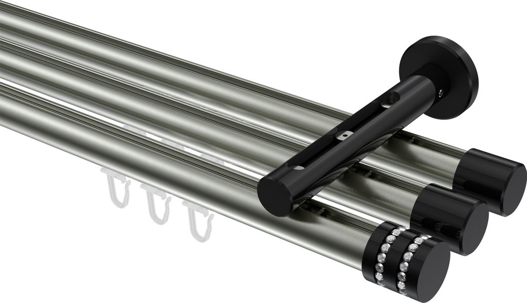 Interdeco Innenlaufstange / Gardinenstange mit Innenlauf Edelstahl-Optik / Schwarz, Typ Siteno Estana (Glitzerkappe), 20 mm Ø 3-läufig, 200 cm