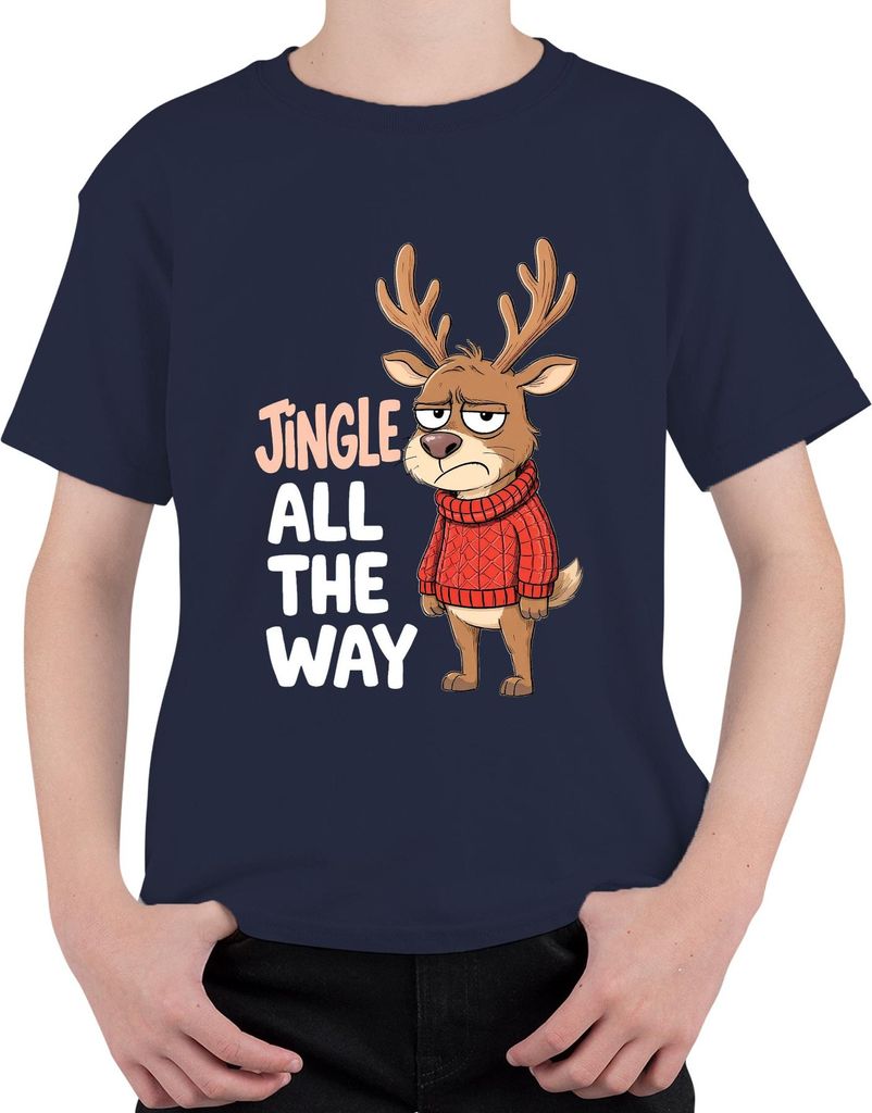 Jingle All The Way mürrisches Rentier Weihnachten Cartoon lustig Uni Kinder T-Shirt, Navy, 152