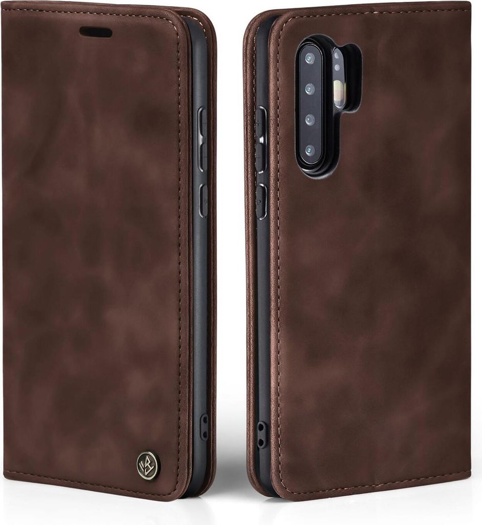 A brown flip case for a smartphone is shown from two angles.