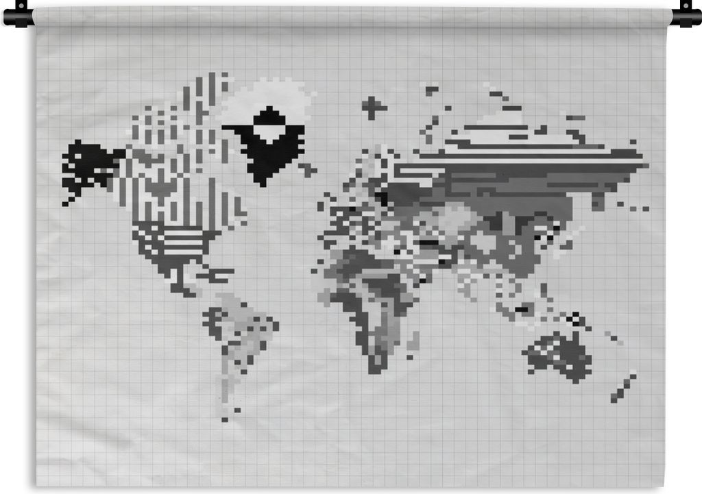 MuchoWow Wandteppich Wandbehang Weltkarte - Pixel - Schwarz und weiß 90x67.5 cm Tapisserie Dekoration Wandtuch - Fototeppich - Wand-Skulpturen