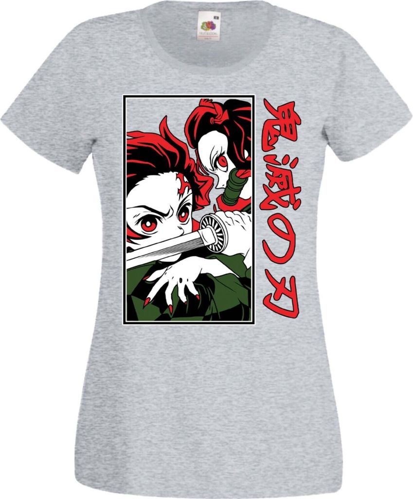 Damen T-Shirt Manga Anime Demon Anime Slayer Tanjiro Nezuko Fighting Fighting, Lady M / Grau