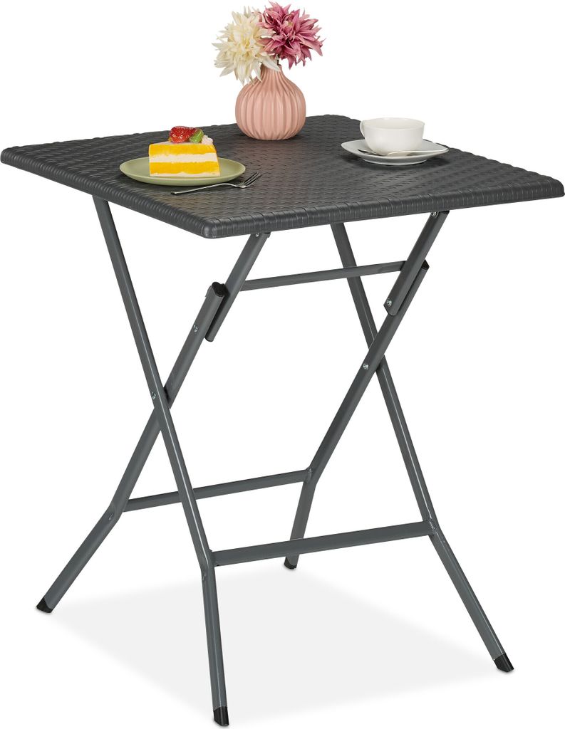 Relaxdays Gartentisch, klappbar, HxBxT: 73 x 62 x 62 cm, Rattanoptik, Kunststoff, Stahl, wetterfester Balkontisch, grau