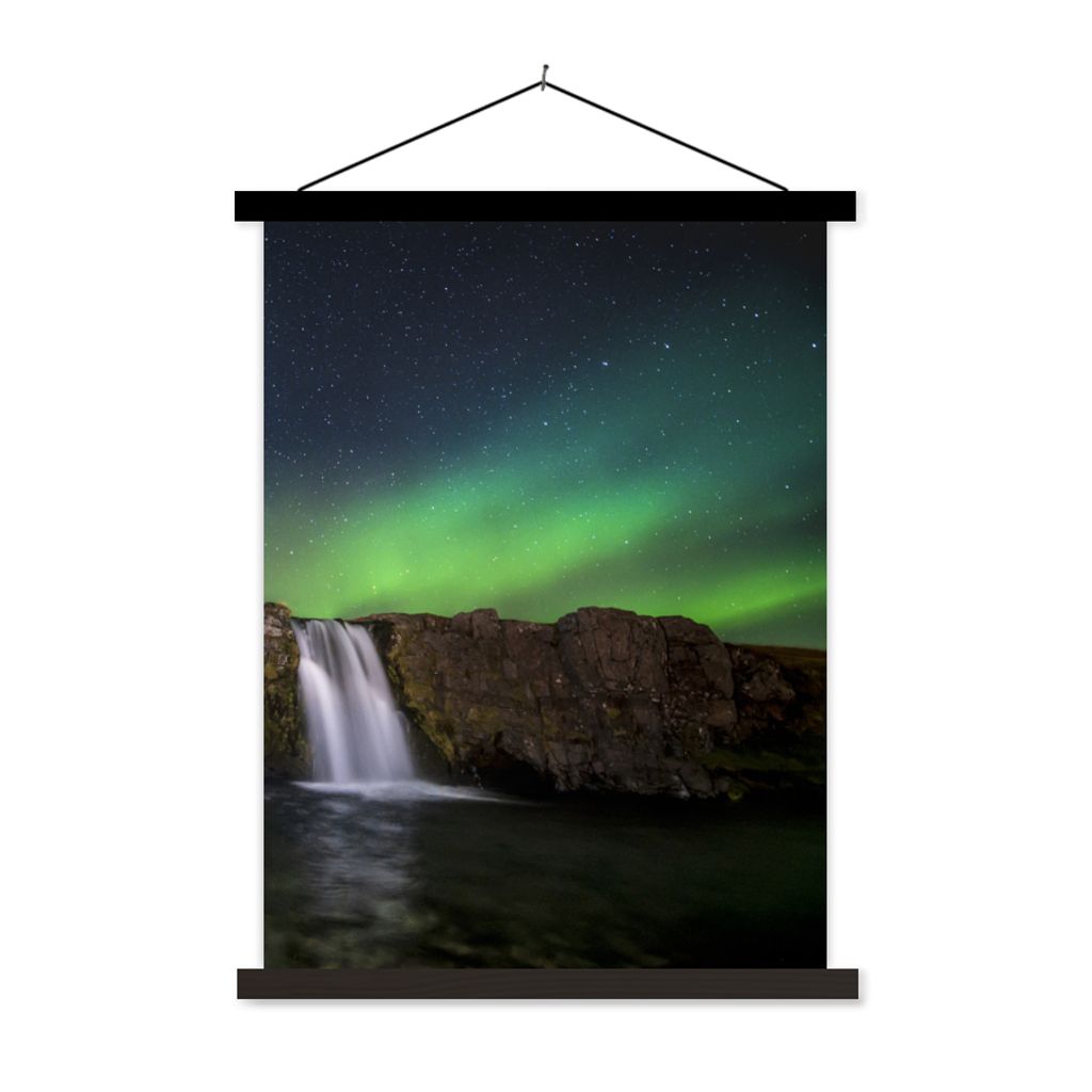 MuchoWow Textilposter Nordlicht - Wasserfall - Island - Natur 120x160 cm mit schwarzem Rahmen - Magnetischer