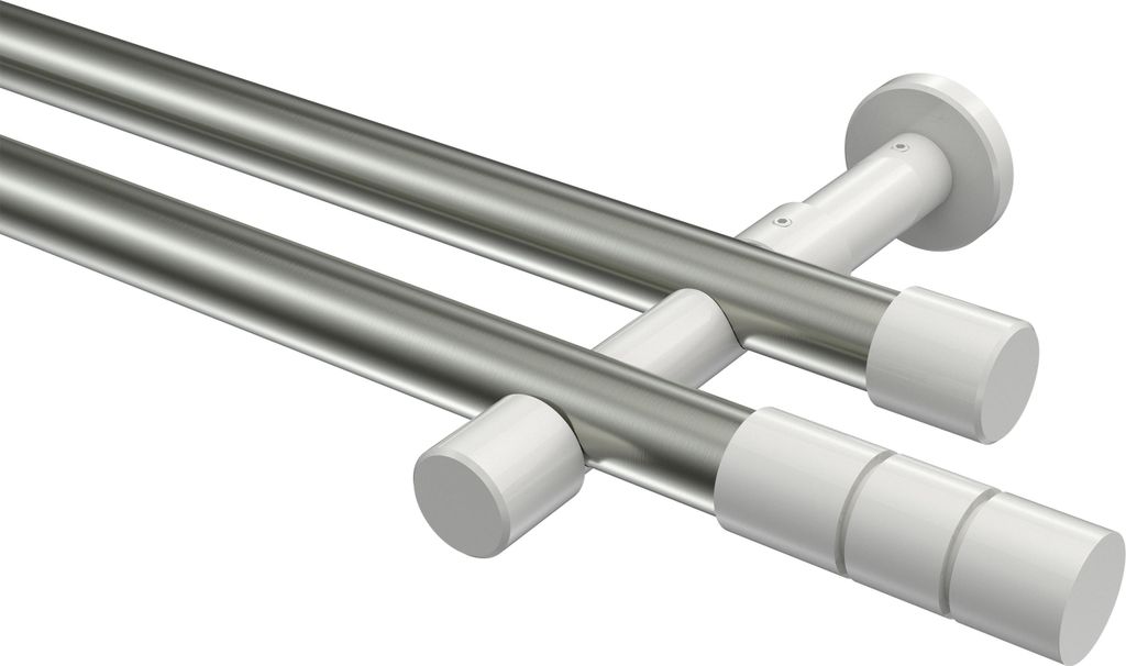 Interdeco Gardinenstange / Vorhangstange Edelstahl-Optik / Weiß, Typ Prestige Elanto (Rillenzylinder) ohne Ringe, 20 mm Ø 2-läufig, 100 cm