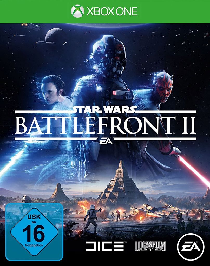 Cover art for the video game Star Wars Battlefront 2, featuring characters and a battle scene.