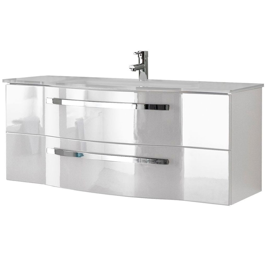 Großer Waschtisch mit Glasbecken FES-4005-66 Hochglanz Lack Polarweiß, 2 Soft-Close-Schubladen - B/H/T: 117/49,7/49,1cm