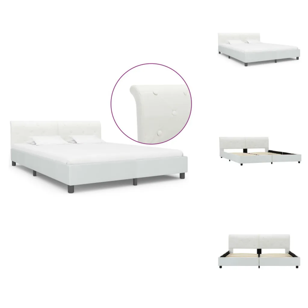 Grand lit double 160x200 blanc en similicuir avec sommier confortable
