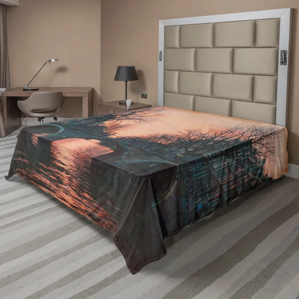 ABAKUHAUS Lenzuolo paesaggio, sera ad Amsterdam Paesi Bassi Aurora boreale scandinava Ponte sul fiume Immagine, lenzuolo morbido e confortevole per un letto decorativo 1 pezzo 275 cm x 260 cm, grigio rosa