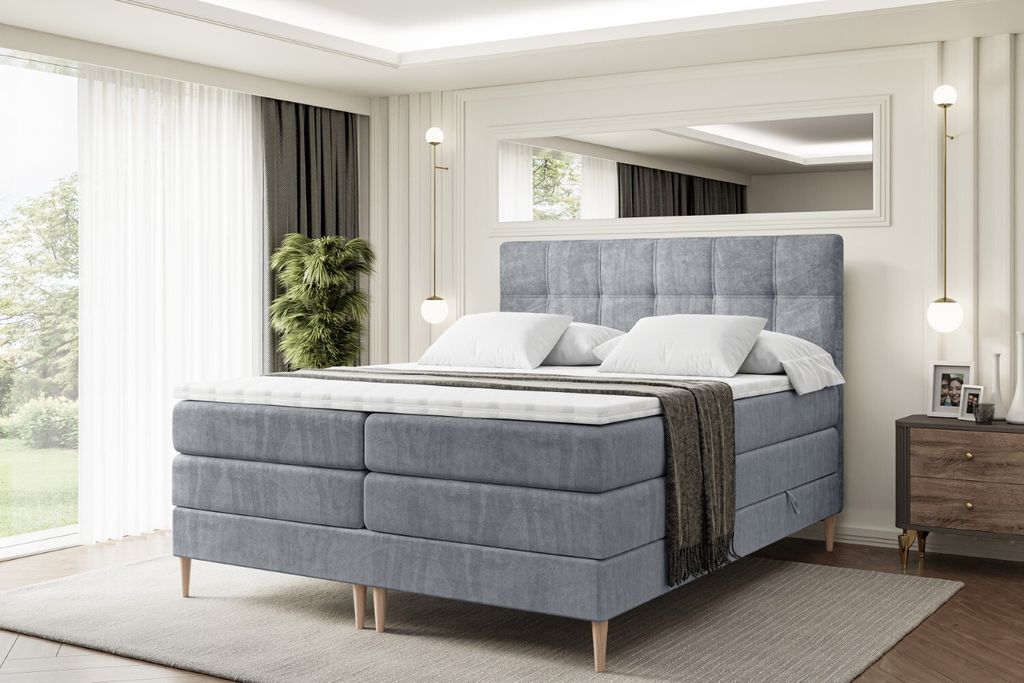ALTDECOR Boxspringbett mit Holz Füßen, Matratze und Lattenrost, Topper, Polsterbett mit Bettkasten, Bett mit Stauraum H3- und H4- Matratze, Doppe...
