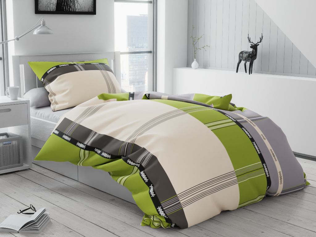 A bedroom scene with a bed made with green and beige plaid bedding.