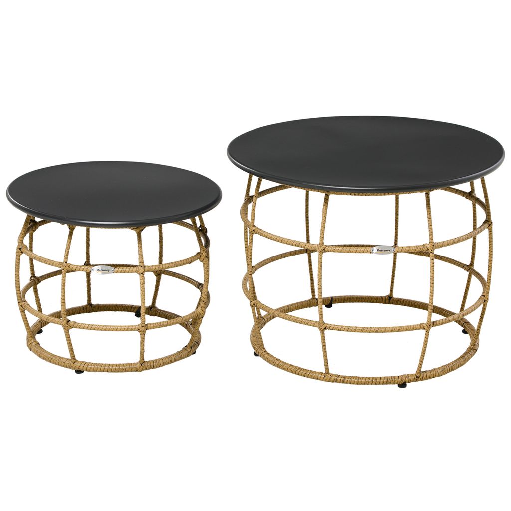 Outsunny Beistelltisch 2er-Set, Ratten Couchtisch, Kaffeetisch mit Tischplatte aus Metall, Handgeflochtener Sofatisch für Garten, Balkon, Ø46+Ø6...