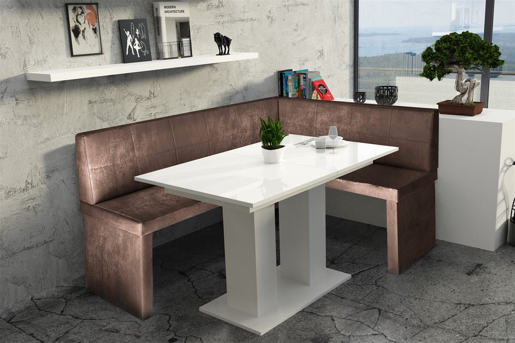 Eckbankgruppe 196x142 cm ROBIN XL L Vin..Braun / Esstisch DANTE Weiss
