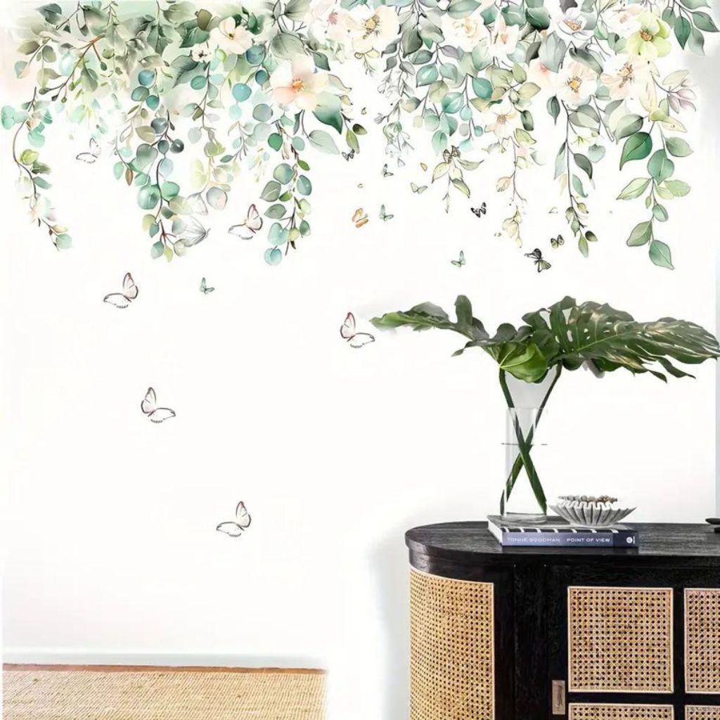 Florale Wandtattoos mit Schmetterlingen – Selbstklebender Wandaufkleber im Blumenranken Design, Dekor für Küche, Fenster & Wohnzimmer