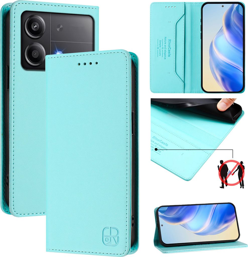 Lederhülle für Xiaomi Poco X6 Neo Hülle Flip Brieftasche Kartenfächern Ständer Schutzhülle Türkis