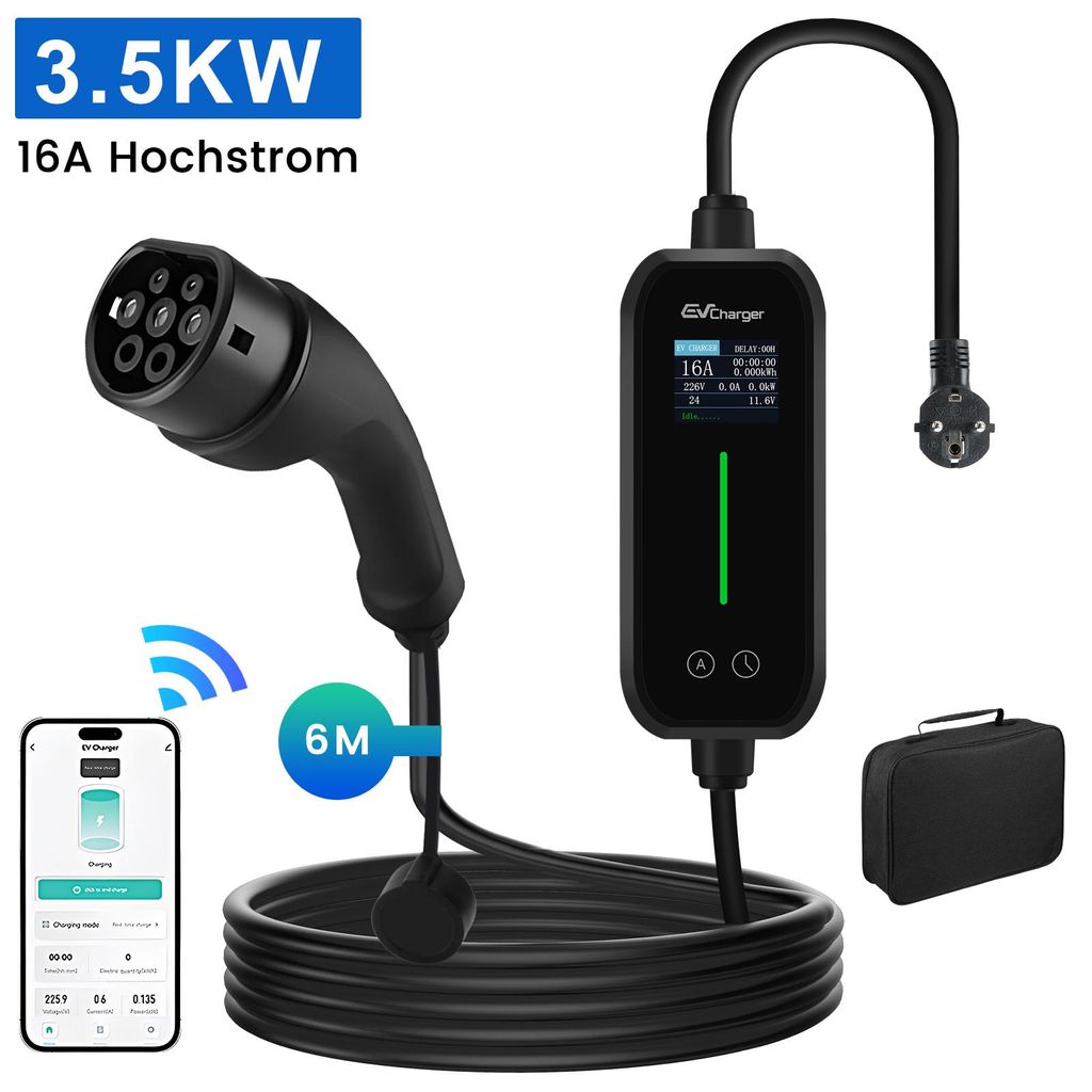 Junsun APP/WIFI EV Tragbare Ladegerät 3.5KW 6-16A Schuko 1 Phase EV Ladekabel 6M Steuerung Einstellbarer Strom Für Type 2 Elektroautos