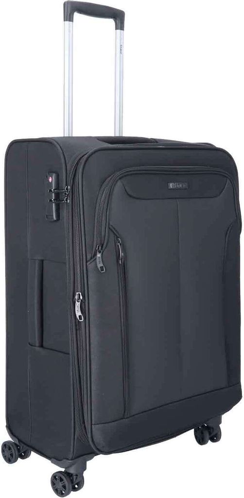 A black rolling suitcase is shown against a white background.
