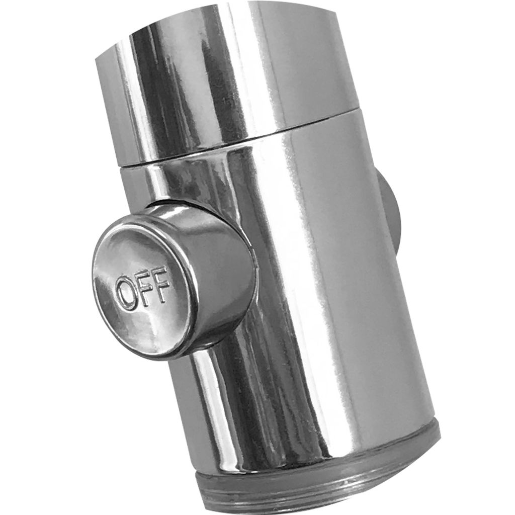 A close-up studio shot of a chrome shower head with an 'OFF' button.