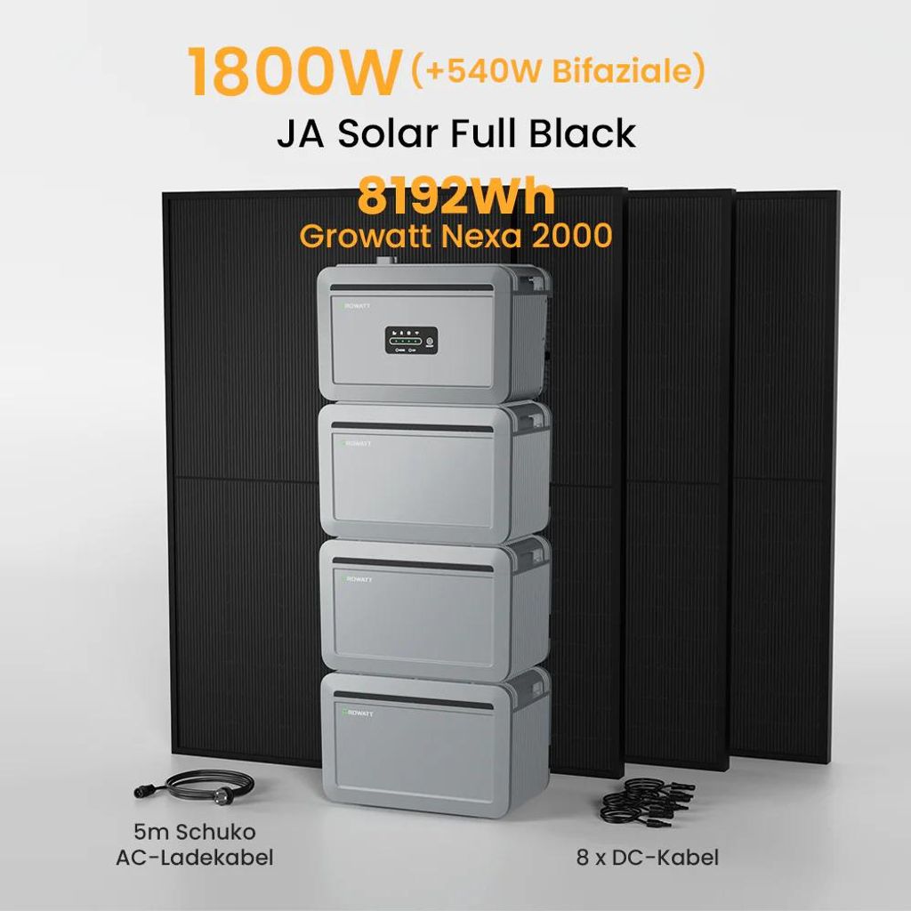 Powerness Balkonkraftwerk mit Speicher: Growatt NEXA 2000 Speicher und 3x NEXA2000E Erweiterungsakku & 4x JA Solar 450W Bifacial Glas-Glas Module