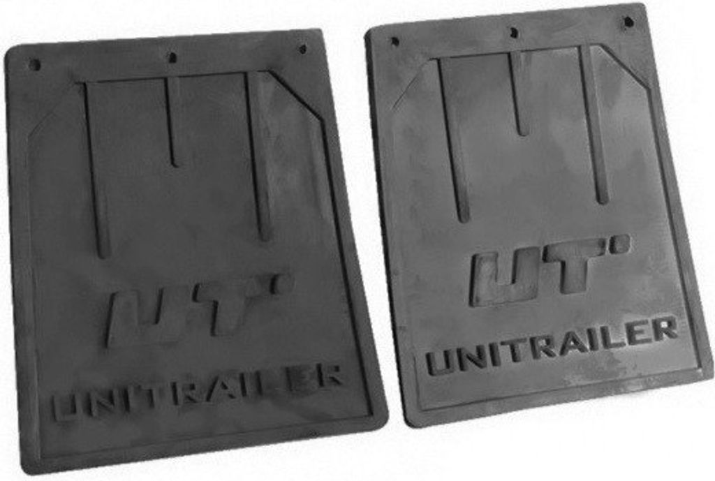 Two black mud flaps for a car trailer are shown side-by-side against a light gray background.