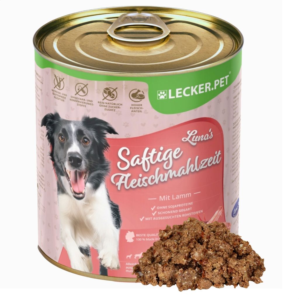 6 x 800 g Lecker.Pet Luna's Saftige Fleischmahlzeit mit Lamm Hundefutter Nassfutter