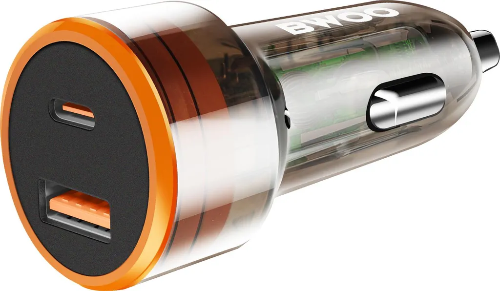 Bwoo, caricatore da auto 38W USB-C + ricarica rapida USB con LED compatto, trasparente