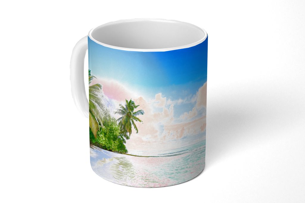 KitchenYeah Tasse Kaffeetasse Kaffeebecher 350 ml Meer - Palme - Strand - Tropisch - Blau - Grün Teetasse - Fototasse - Becher - Keramikbecher -...