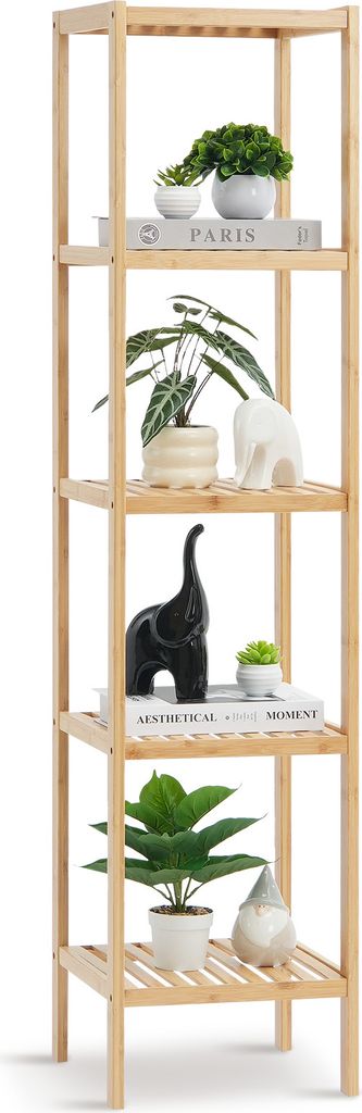 A tall, narrow, five-tier bamboo shelf unit displaying various decorative items and plants.