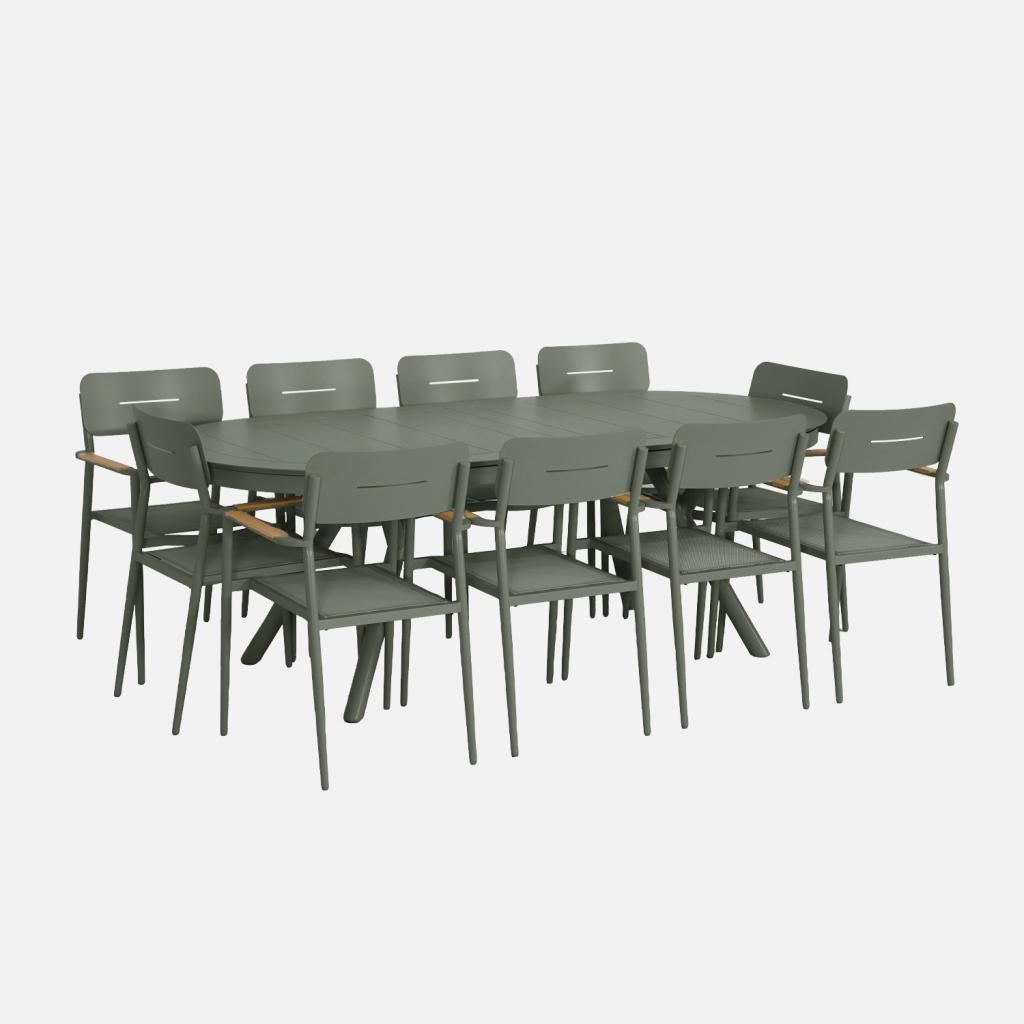 sweeek - Ovaler ausziehbarer Gartentisch 220/280cm aus Aluminium + 10 Sessel - Khaki