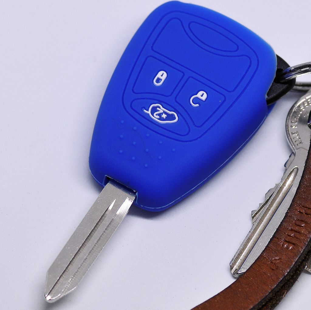 Auto Schlüssel Silikon Schutz Hülle Blau kompatibel mit Chrysler 300C Voyager Sebring Dodge RAM Nitro Jeep Liberty Commander Grand Cherokee 3 Tas...