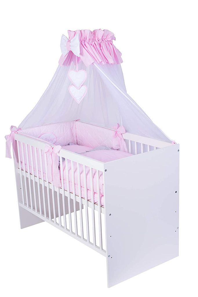Babybett Gitterbett Kinderbett Komplet Set 70x140 UMBAUBAR Schublade rosa weiß 