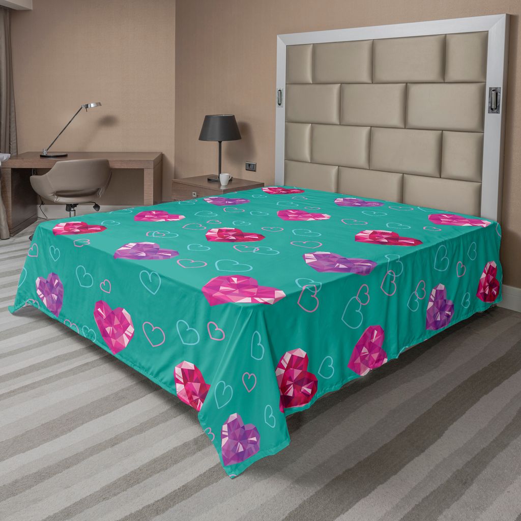 ABAKUHAUS Teal Bettlaken, Crystal Hearts Und Edelstein Figuren Valentinstag Romantischen Druck, weiches bequemes oberes Bettlaken für ein dekorati...