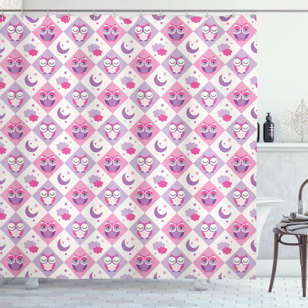 Tenda da Doccia Moderna ABAKUHAUS Gufi e Stelle - Rosa Lavanda 180cm