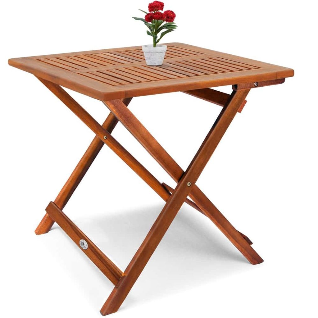 A wooden folding table with a small potted plant on top, set against a white background.