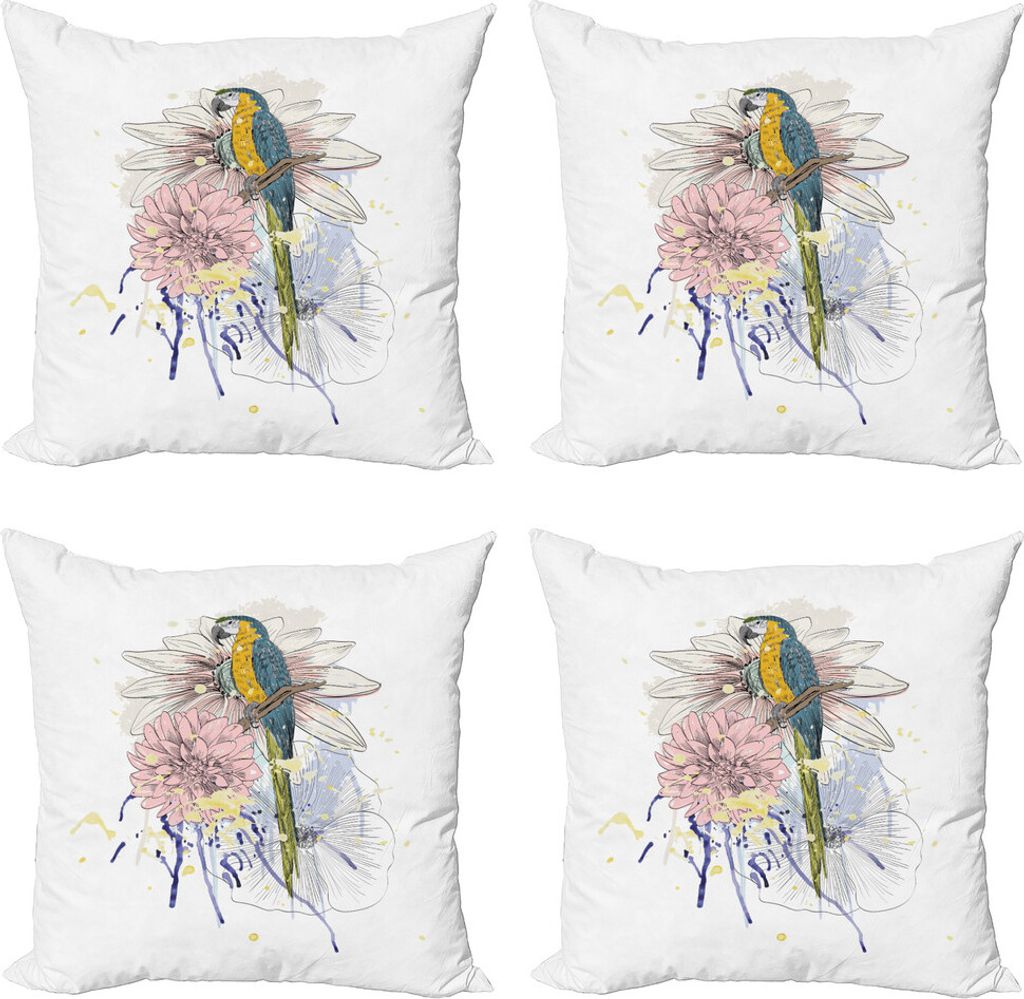 ABAKUHAUS Tropisch Kissenbezug Set (4 Stück), Parrot auf Blumenstrauß, Moderner Doppelseitiger Digitaldruck, 60 cm x 60 cm, Mehrfarbig