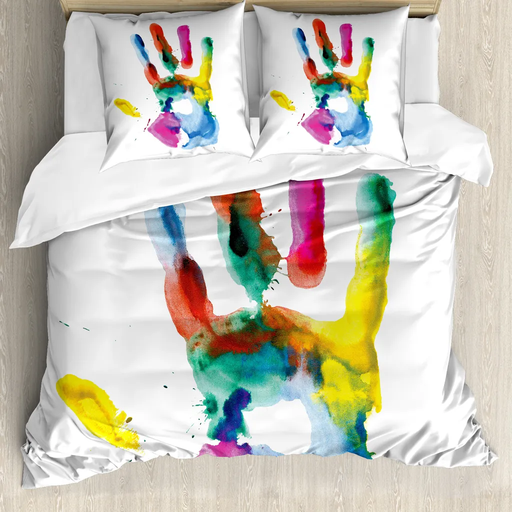 ABAKUHAUS Copripiumino acquerello, mano umana colorata, antiacaro, adatto a chi soffre di allergie, con federe, 200 cm x 200 cm - 80 x 80 cm, multicolore