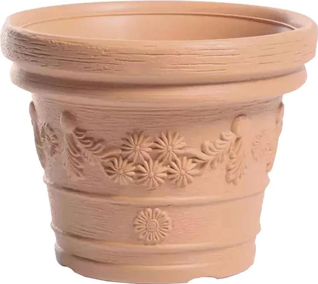 A terracotta flower pot with embossed floral designs.