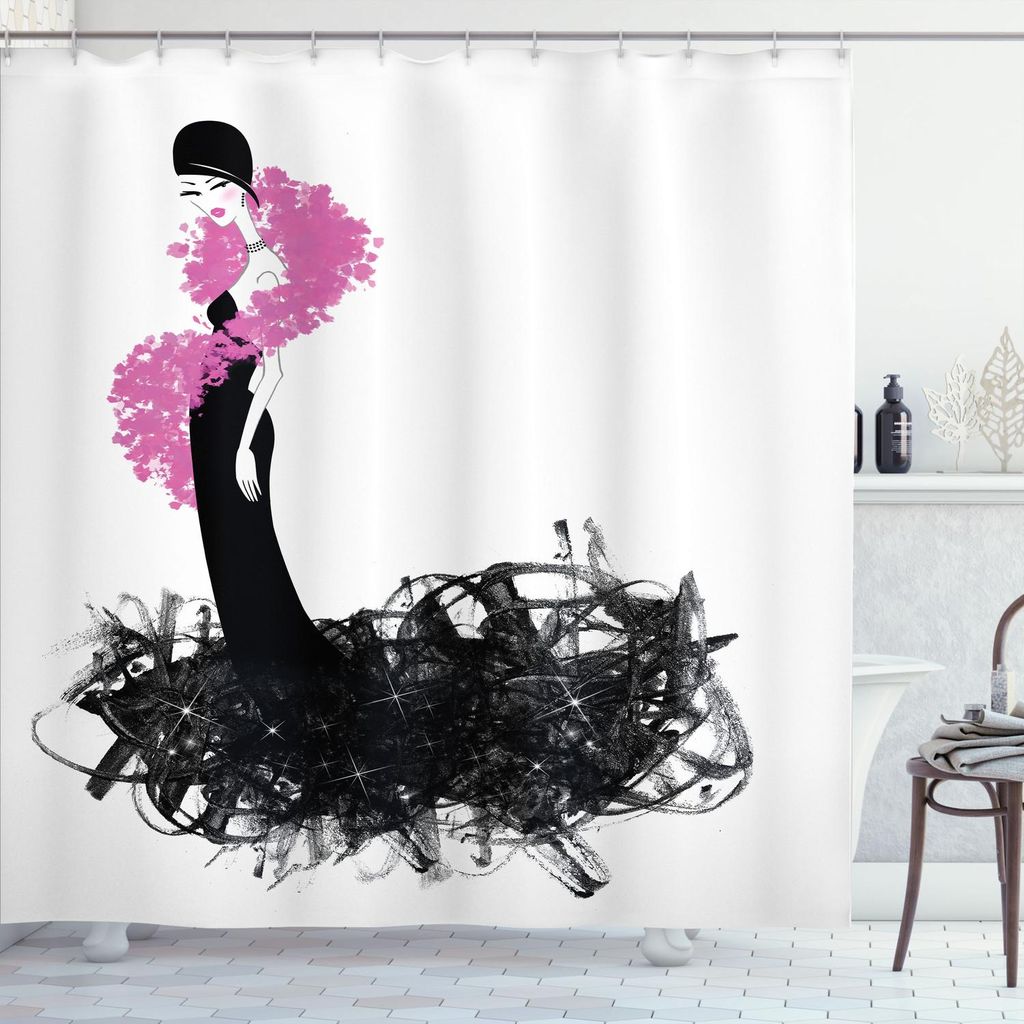 ABAKUHAUS Feminin Duschvorhang, Artful Skizze der schönen Frau im Kleid mit Fluffy Boa Bild, 175 x 180 cm, Charcoal Grey Pink